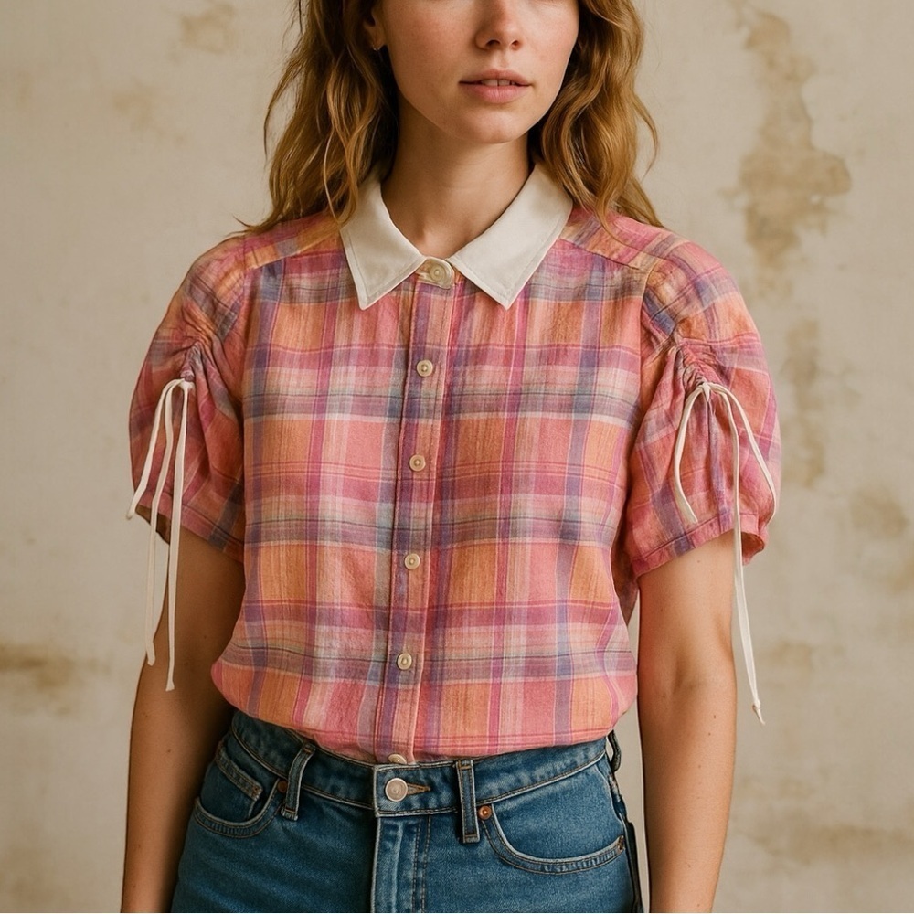 1970s Beeline Fashions Seersucker Plaid Cinched Sleeve Collard Button Uo Blouse